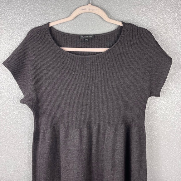 Eileen Fisher 100% Wool Knit Sweater Dress Short Sleeve Ribbed Gray Preppy Sz L - Picture 3 of 7